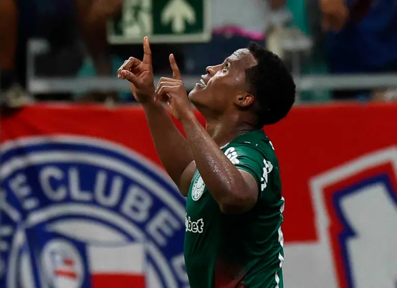 El colombiano celebra el tanto ante Bahía con el cual, Palmeiras abrió el camino de la victoria como visitante, para mantenerse en la parte alta de la tabla. FOTO TOMADA X@Palmeiras
