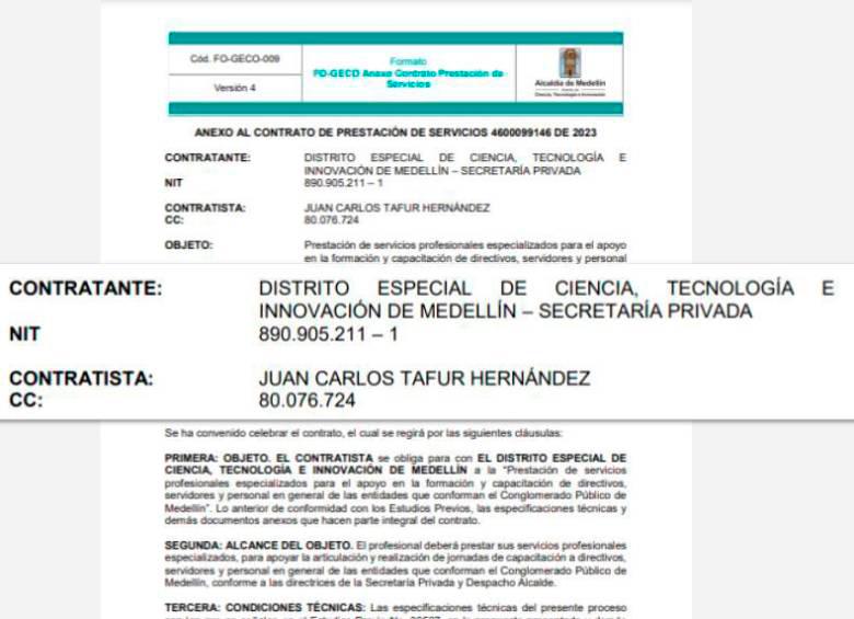 Contrato firmado por Juan Carlos Tafur con la Secretaría Privada de la Alcaldía de Medellín.