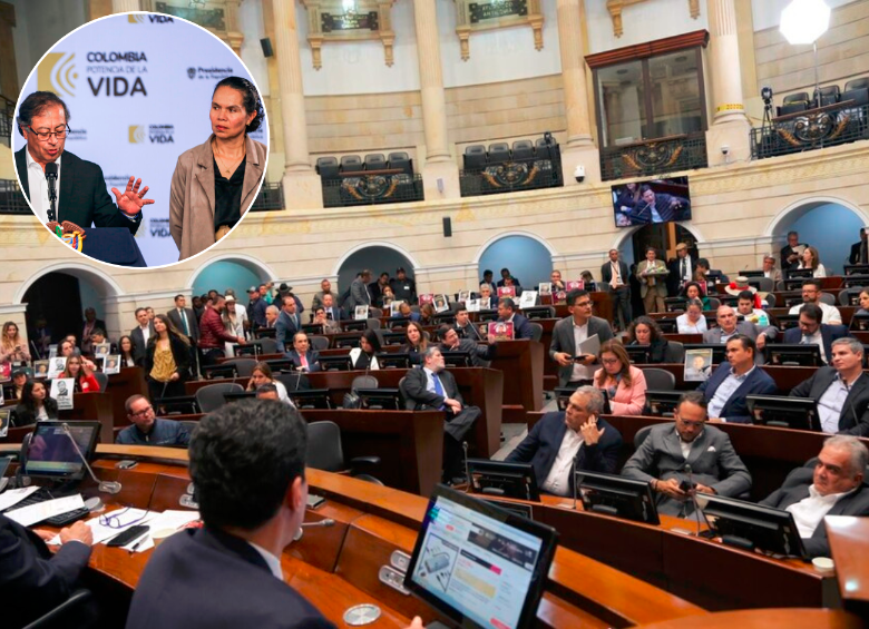 En la imagen principal la plenaria del Senado y en la foto detalle la ministra del Deporte, Astrid Rodríguez, junto al presidente Gustavo Petro. FOTO CORTESÍA Y COLPRENSA
