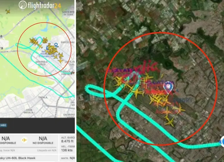 Mapa del helicóptero del Ejército Nacional que sobrevoló varias veces el aeropuerto El Dorado. FOTO: Cortesía redes sociales 