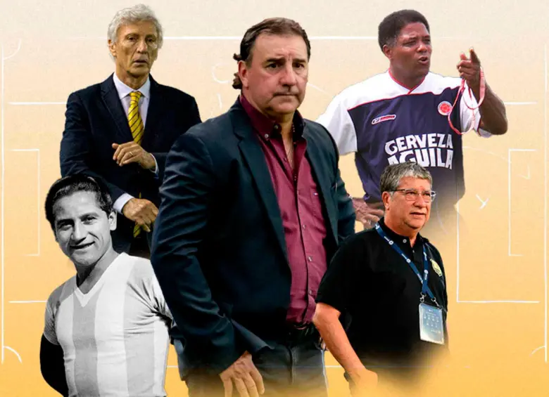 Los técnicos argentinos Adolfo Pedernera, Néstor Pekerman y Néstor Lorenzo, junto a los colombianos Francisco Maturana y Hernán Darío Bolillo Gómez, han marcado la historia del fútbol colombiano y la Selección nacional. FOTO EL COLOMBIANO