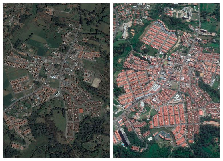 Quizás donde se ve más patente el crecimiento constructivo es en San Antonio de Pereira: fotos de 2006 (izquierda) y 2020 (derecha). IMÁGENES SATELITALES Google Earth