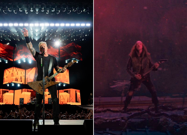 James Hetfield en uno de los conciertos de Metallica a la izquierda y el actor Joseph Quinn a la derecha en la escena en la que toca parte de Master of Puppets de Metallica. FOTOS Instagram @metallica y cortesía Netflix