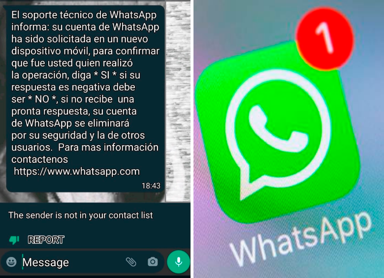 Así luce el mensaje que se envía “supuestamente” desde Whatsapp y con el que empieza la estafa. FOTO: CORTESÍA