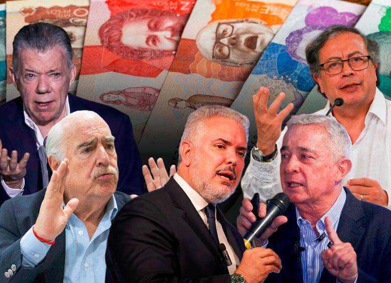 De izquierda a derecha: los expresidentes Juan Manuel Santos, Andrés Pastrana, Iván Duque, Álvaro Uribe y el presidente Gustavo Petro. Crédito Depositphotos, Colprensa y EL COLOMBIANO. 