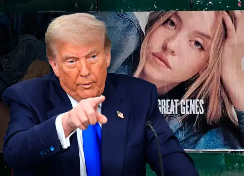 Donald Trump impulsó acciones de American Eagle al elogiar polémico anuncio de Sydney Sweeney. FOTO CAPTURA DE VIDEO Y GETTY. 