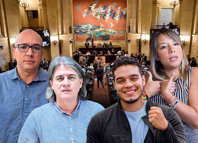 De izquierda a derecha, los candidatos a la Cámara de Representantes: Néstor Restrepo (Partido Liberal), Rafael Nanclares (Coalición Ahora Colombia), Hernán Muriel (Pacto Histórico) y Nátaly Vélez (Cambio Radical). FOTOS: EL COLOMBIANO, Colprensa y redes sociales