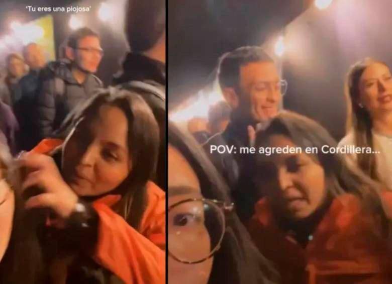 Momento en el que Diana Daza (de rojo) agrede a Tania Cortés. FOTO CAPTURA DEL PANTALLA