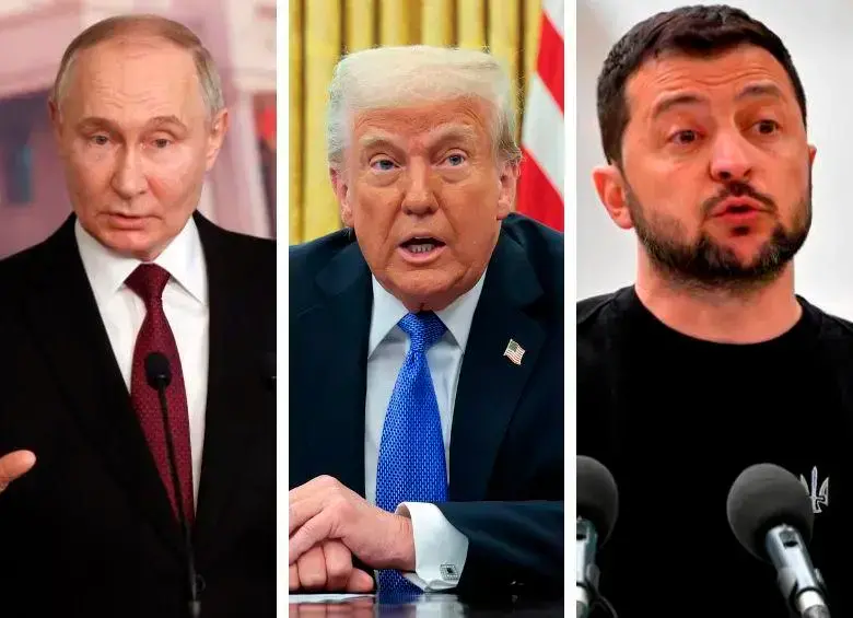 De izquierda a derecha, los presidentes de Rusia, Estados Unidos y Ucrania: Vladimir Putin, Donald Trump y Volodimir Zelenski. FOTO: ARCHIVO.