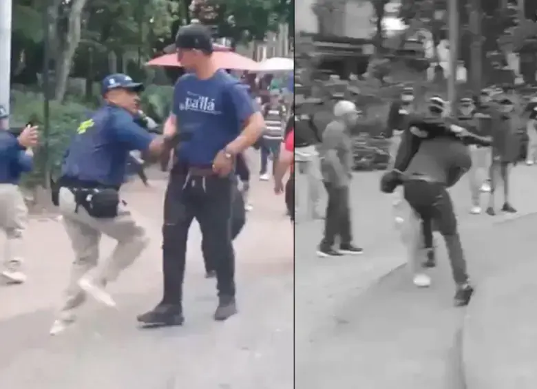 En un video, difundido en redes sociales, los grupos de gestores de convivencia de la Secretaría de Seguridad de Medellín fueron captados agrediendo a un ciudadano venezolano. Al parecer, los agredidos estarían cometiendo varias infracciones en el Parque Bolívar. FOTO: TOMADA DE VIDEO