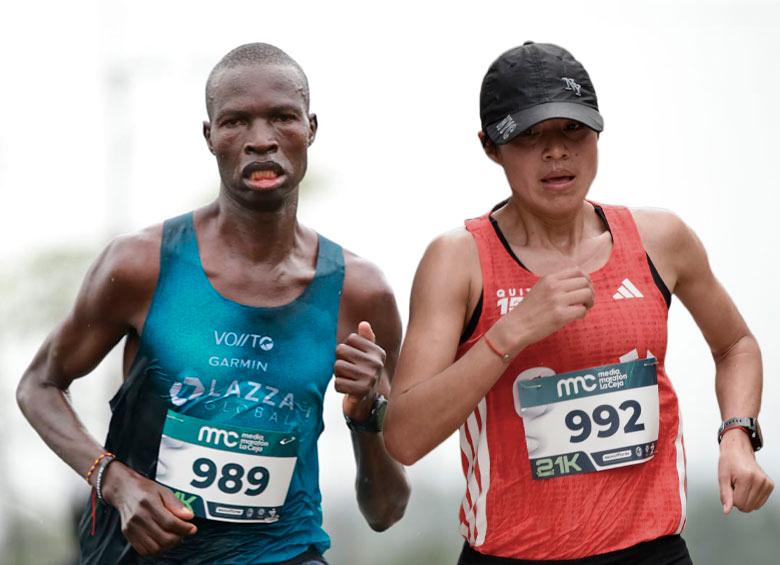 Titus Kipjumba Mbishei, de Kenia, María Pastuña, de Ecuador, los campeones en La Ceja. FOTO CORTESÍA WILLIAM CANO R.
