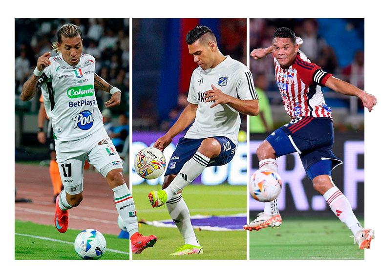 Dayro Moreno, Radamel Falcao García y Carlos Bacca, los tres que lideran el podio de artilleros colombianos, siguen vigentes con Once Caldas, Millonarios y Junior, respectivamente. FOTOs Camilo Suárez y Manuel Saldarriaga. 