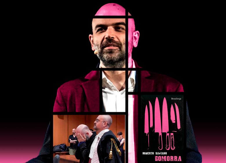 Roberto Saviano, autor de Gomorra. Abajo la imagen durante el juicio en Roma en el que se confirmó la amenaza de muerte lanzada por la Camorra. Al lado su libro. FOTOS Getty, cortesía y captura de video
