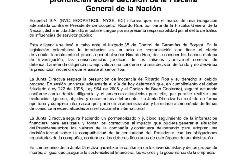 Comunicado: junta de Ecopetrol respalda Ricardo Roa