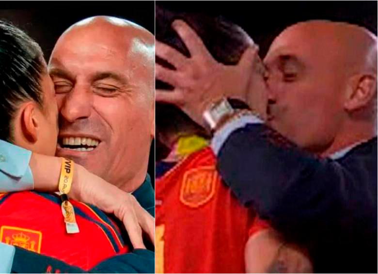 El expresidente de la Real Federación Española de Fútbol, Luis Rubiales, le dio un beso en la boca a la futbolista Jenni Hermoso después de que España ganara el Mundial Femenino de Mayores de 2023. FOTO: GETTY y capturas de pantalla