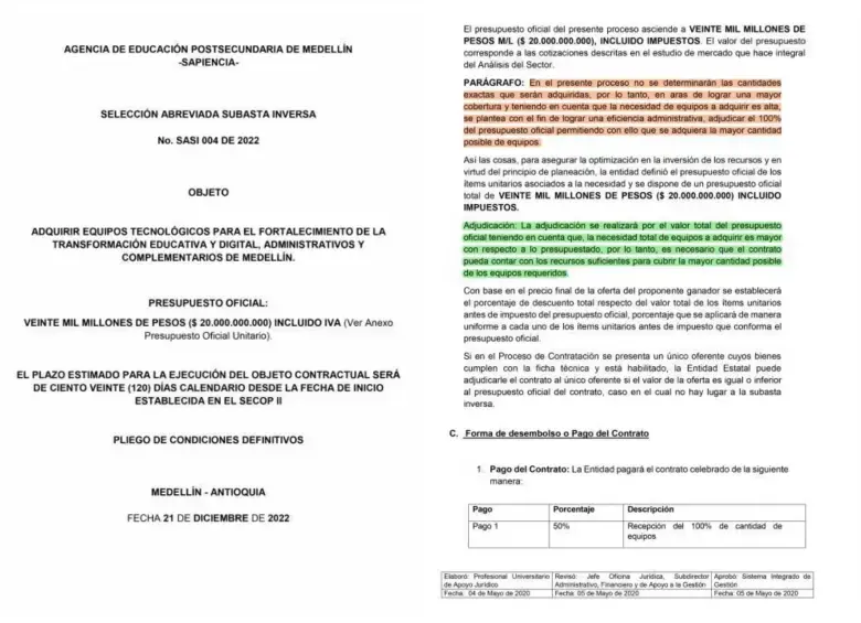 Este es el contrato en cuestión que nuevamente enreda a la agencia Sapiencia.