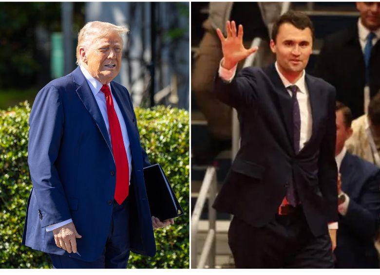 El presidente Donald Trump (a la izquierda) expresó sus condolencias tras el asesinato del influencer y activista Charlie Kirk (a la derecha), uno de sus fieles aliados políticos. FOTO: AFP