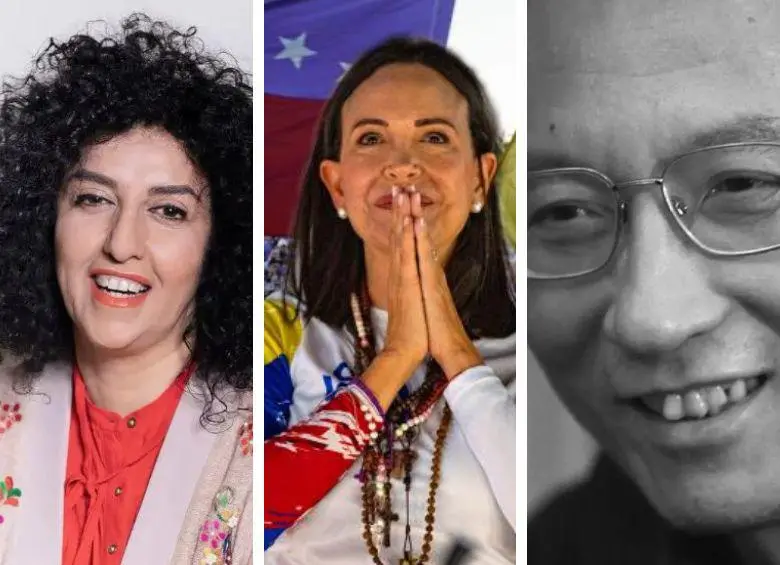 La activista iraní Narges Mohammadi, la opositora venezolana María Corina Machado y el fallecido disidente chino Liu Xiaobo. FOTO: GETTY | HUMAN RIGHTS WATCH