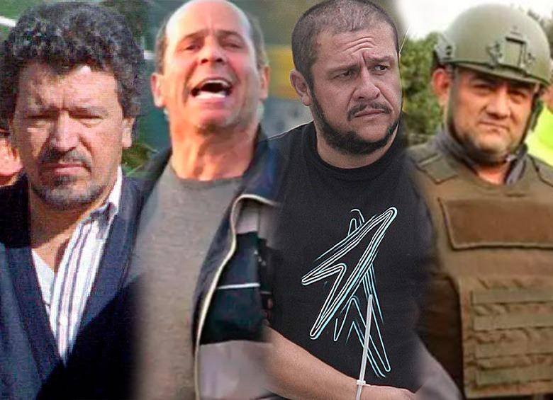 De izquierda a derecha: Miguel Rodríguez Orejuela (“el Señor”), Juvenal Palmera Pineda (“Simón Trinidad”), Diego León Montoya Sánchez (“don Diego”) y Dairo Úsuga David (“Otoniel”). FOTOS ARCHIVO
