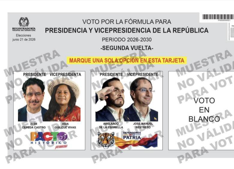 Así será el tarjetón para la segunda vuelta. FOTO: REGISTRADURÍA.