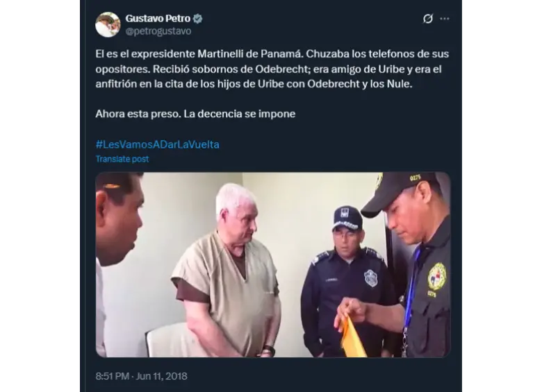 Reviven ataques de Petro en X a Martinelli, a quien le concedió asilo en Colombia: “Chuzaba a opositores y recibió sobornos de Odebrecht”