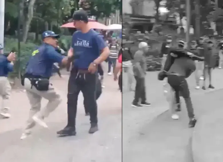 En un video, difundido en redes sociales, los grupos de gestores de convivencia de la Secretaría de Seguridad de Medellín fueron captados agrediendo a un ciudadano venezolano. Al parecer, los agredidos estarían cometiendo varias infracciones en el Parque Bolívar. FOTO: TOMADA DE VIDEO