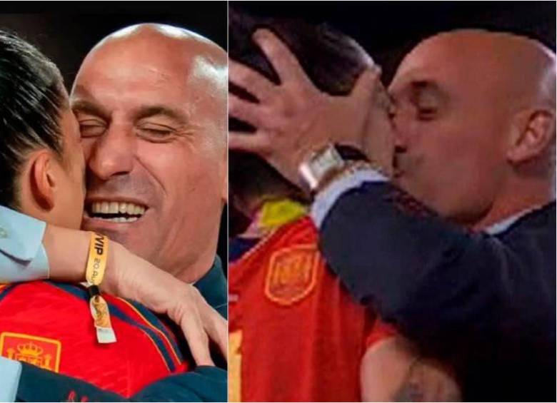 Momento en que Rubiales besó a Hermoso en la celebración. FOTOS: Getty y captura de video