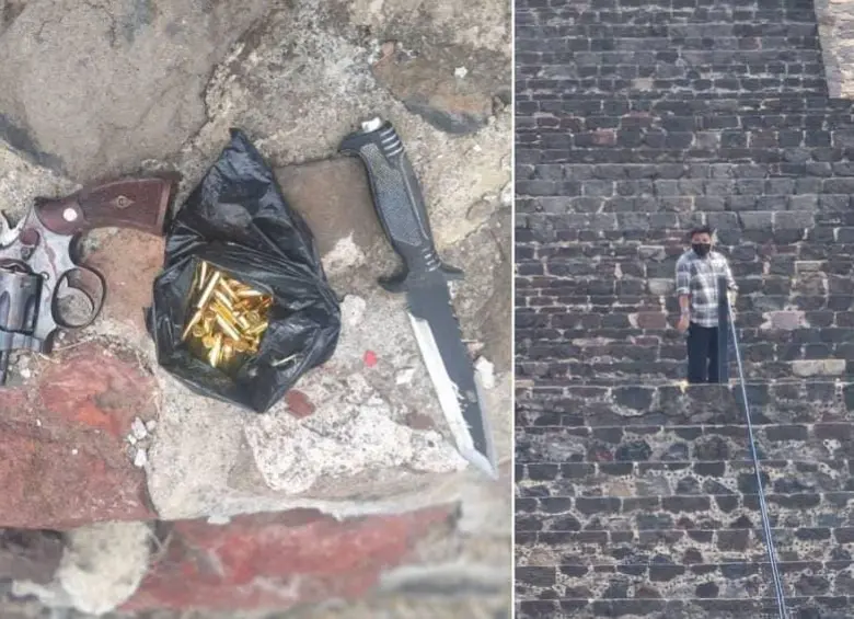 En el video se escuchan disparos mientras las autoridades enfrentan al tirador en la zona arqueológica de Teotihuacán. FOTO: REDES SOCIALES. 
