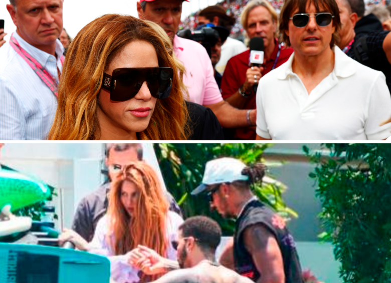 Shakira y Tom Cruise en el gran premio de Fórmula 1 en Miami. Abajo, con Lewis Hamilton en un paseo en yate. FOTOS Getty