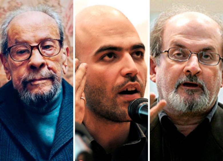 Naguib Mahfuz, Roberto Saviano y Salman Rushdie, tres pluma que el fundamentalismo ha tratado de silenciar. Fotos: Efe.