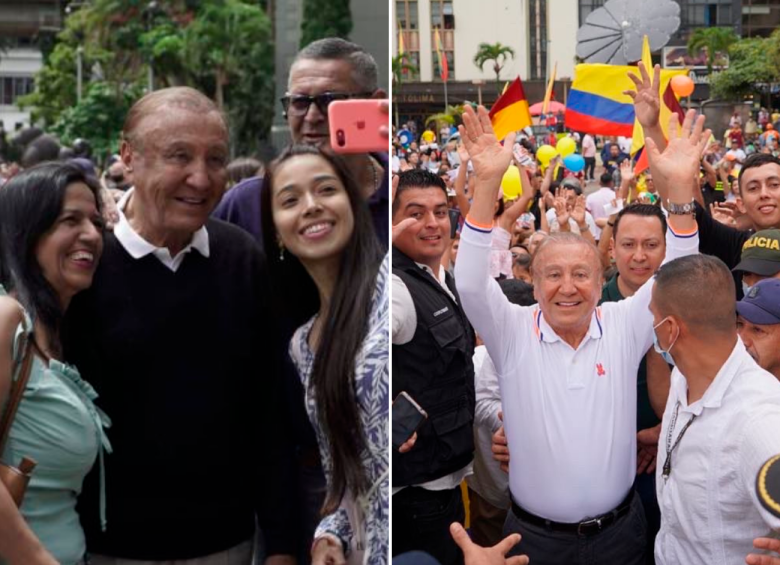 1. Rodolfo Hernández visitó sitios estratégicos de Medellín como la Plaza Botero, en el centro, para hacer campaña 2. También apareció con decenas de seguidores en Ibagué. FOTOS CORTESÍA