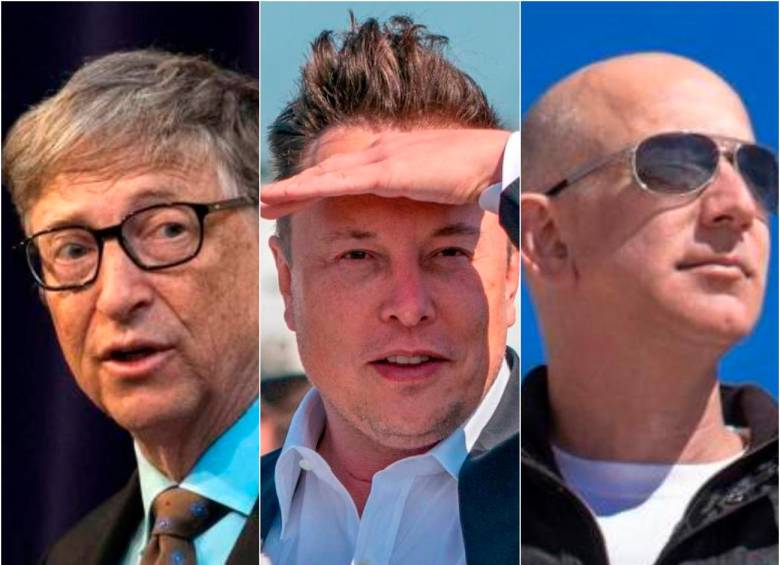 Bill Gates (izq.), Elon Musk (centro) y Jeff Bezos (der.), son algunos de los multimillonarios más afectados. FOTO: ARCHIVO