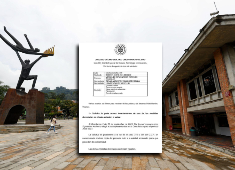 Auto emitido por el Juzgado Décimo Civil del Circuito de Oralidad de Medellín en el que se levantó suspensión sobre la Consiliatura de la Universidad de Medellín. FOTO: Manuel Saldarriaga y Cortesía