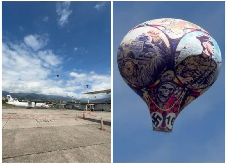 El globo apareció en el horizonte y terminó cayendo sobre el área de la pista del aeropuerto Olaya Herrera de Medellín. FOTOS: Cortesía