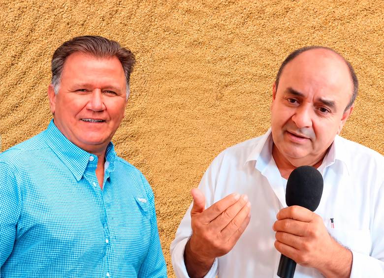 El ministro de Agricultura, Indalecio Dangond y el presidente de la junta directiva de Fedearroz, César Augusto Saavedra. Foto: Captura de video y El Colombiano 