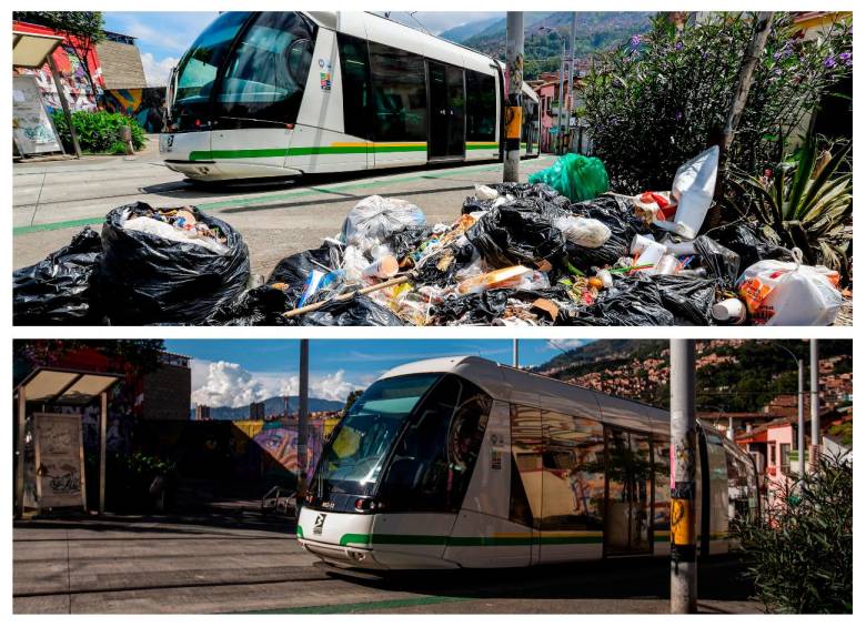 En la imagen de arriba, el sector del tranvía el pasado lunes; en la de abajo, un día después, tras ser limpiado por Emvarias. FOTO 