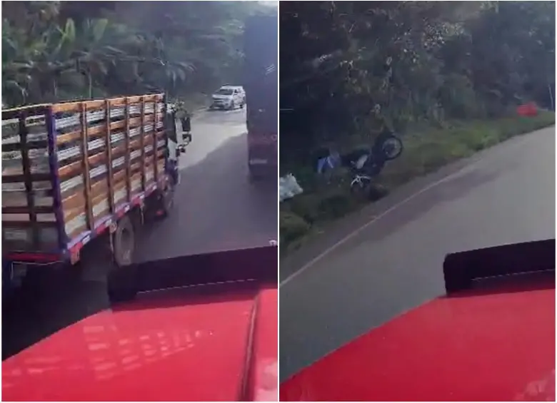 Momento en el que el motociclista fue arrinconado y resultó volando por los aires. FOTO: Cortesía Denuncias Antioquia