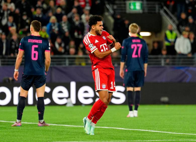 Luis Díaz durante el festejo de su último gol con el Bayern Múnich en la Champions. FOTO GETTY