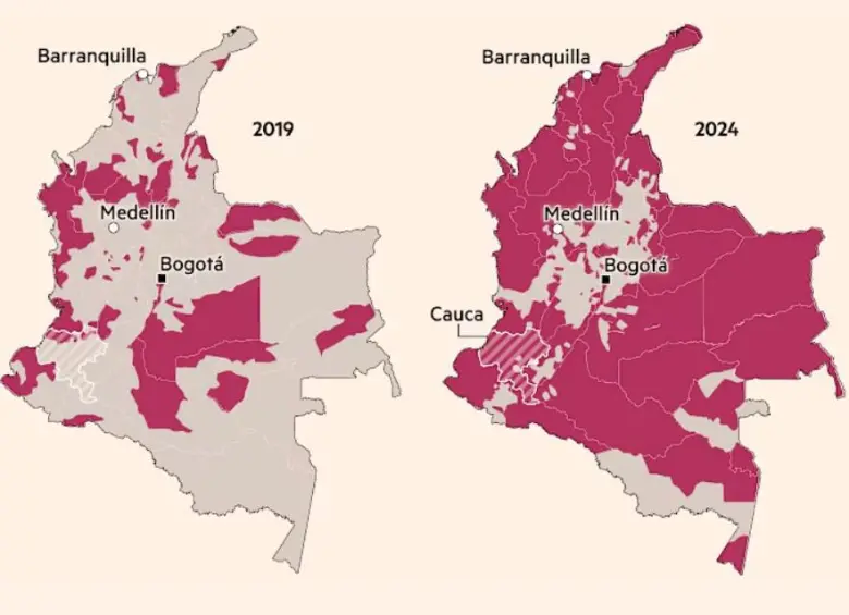 Mapas de la expansión de grupos armados ilegales en Colombia desde 2019 a 2024. FOTO: Financial Times