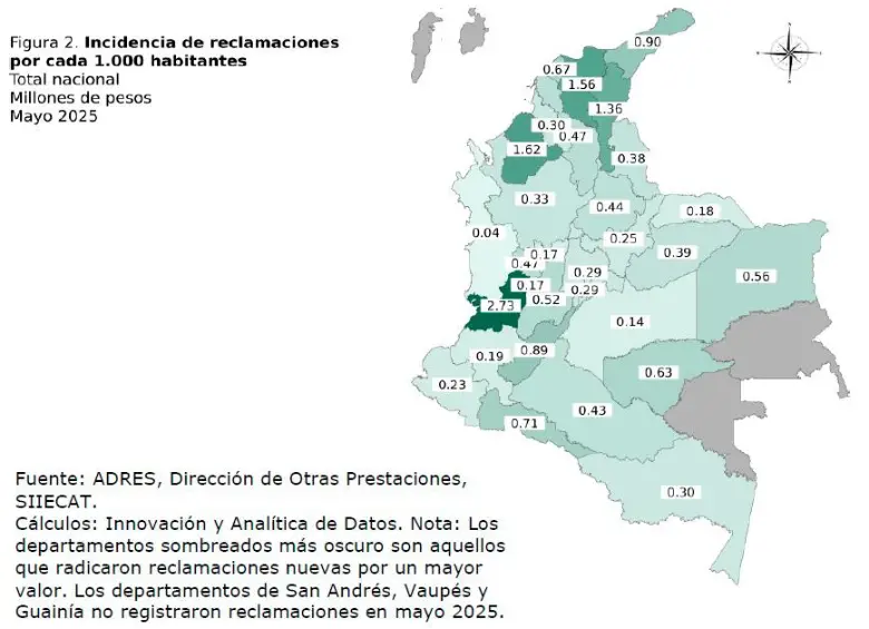Departamentos que concentran el número de reclamaciones por cada 1.000 habitantes por accidentes de tránsito.