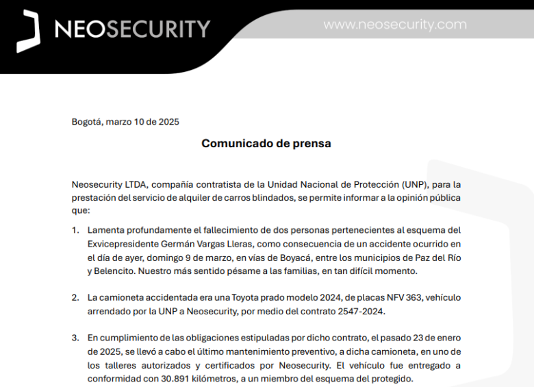 Comunicado de Neosecurity. Foto: Suministrada.