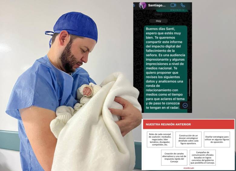 El alcalde Santiago Montoya con su hijo recién nacido. También el chat tras el feminicidio de Janeth Posada y un aparte de documento que habla de la estrategia comunicativa. Foto: tomada de redes