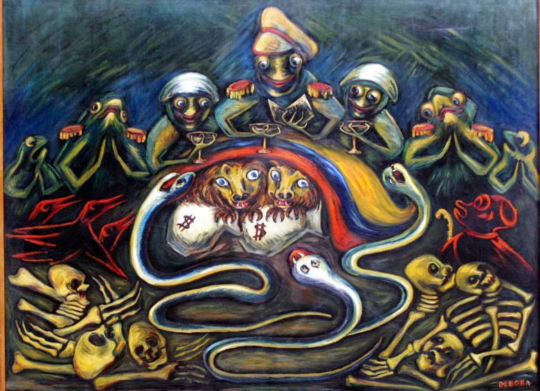 “Rojas Pinilla” (1953–1957), óleo sobre lienzo, de Débora Arango. Este es uno de los dos cuadros que el Museo de Arte de Moderno de Medellín pretendía vender al Banco de la República. 