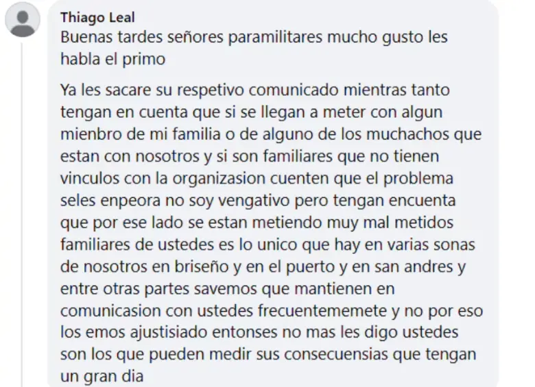 La supuesta respuesta de alias ‘Primo Gay’ a las amenazas emitidas por el Clan del Golfo. Imagen tomada de redes sociales.