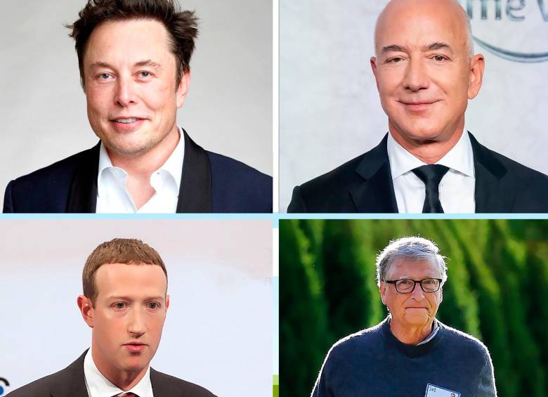 Elon Musk, Jeff Bezos, Mark Zuckerberg y Bill Gates. FOTO Cortesía