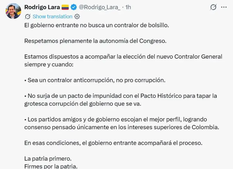MinInterior designado Rodrigo Lara le pidió a la coalición de Gobierno que elija un contralor “anticorrupción”