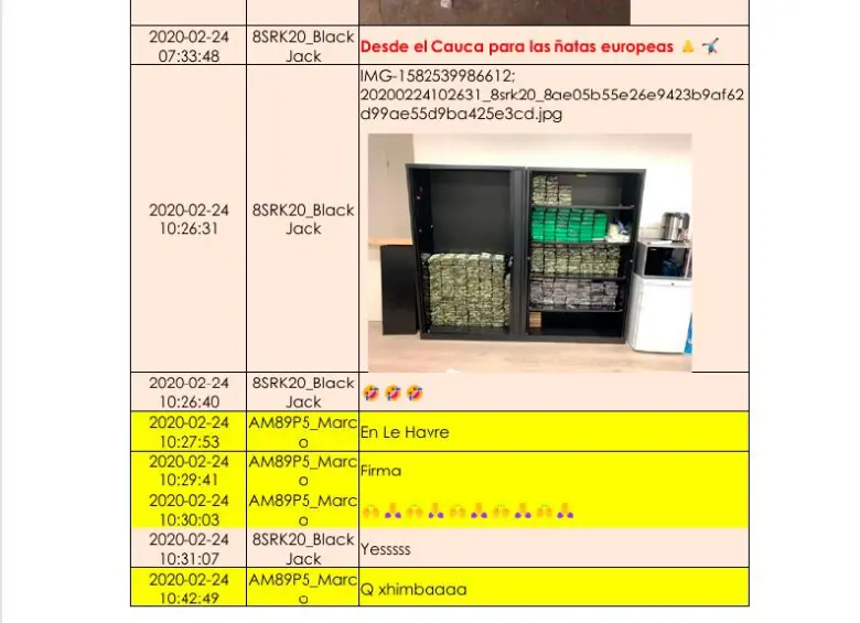En este chat la banda muestra un cargamento de cocaína que fue producido en Cauca, reservado para enviar a Europa. FOTO cortesía