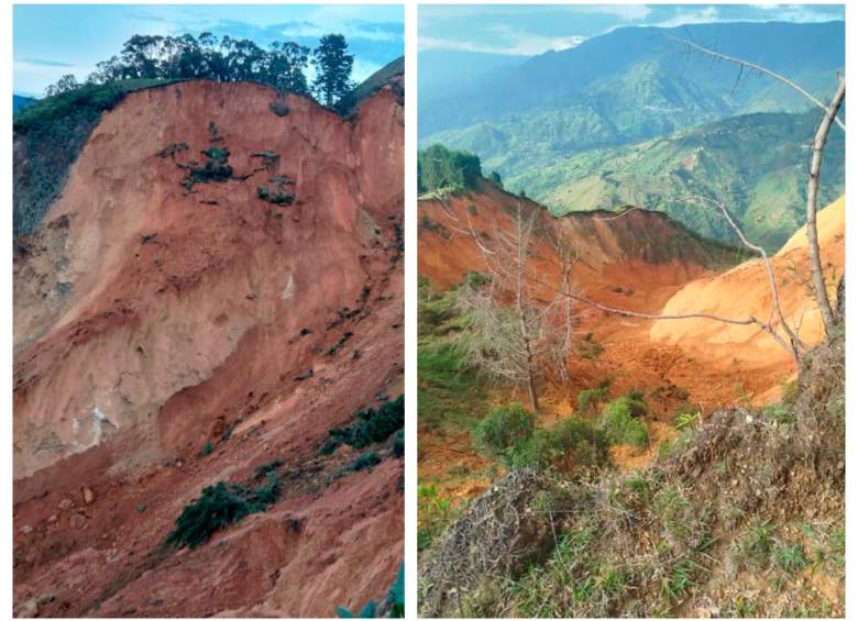 El desprendimiento de tierra de grandes proporciones estaría amenazando con represar la quebrada La Sucia. FOTOS: Cortesía Alcaldía de Ebéjico