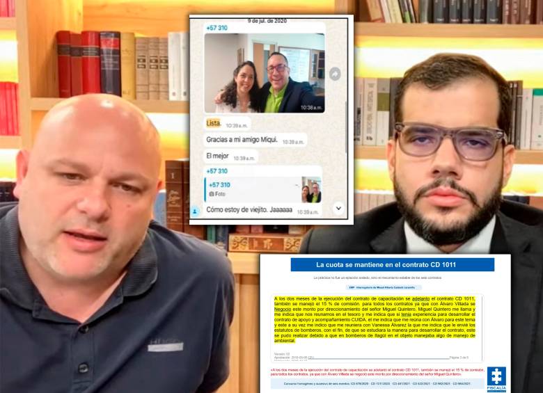 Miguel Quintero (izq.) recibía informes sobre los avances, por ejemplo esta notificación de Álvaro Villada (centro) de que ya estaba lista la contratación de Ana María Roldán. Abajo, un aparte de al declaración de Misael Cadavid donde habla del rol del hermano del entonces alcalde de Medellín. FOTOS: IMAGEN DE TRANSMISIÓN DE AUDIENCIA Y EXPEDIENTE