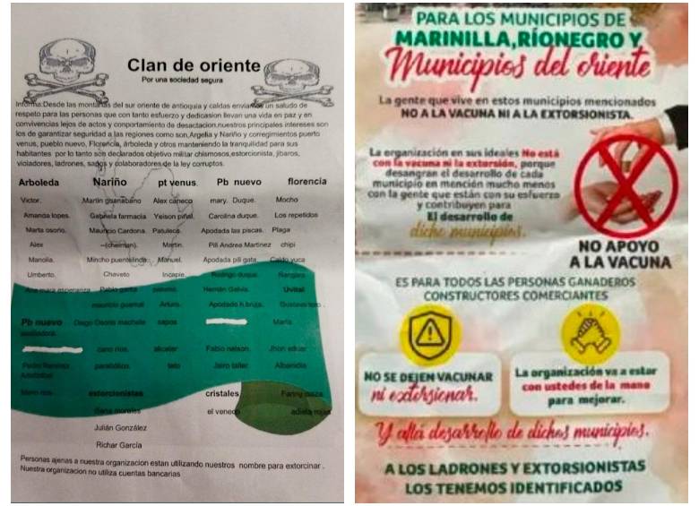 Los dos panfletos que circularon recientemente en el oriente antioqueño. FOTO: imagen tomada del portal Mi Oriente.